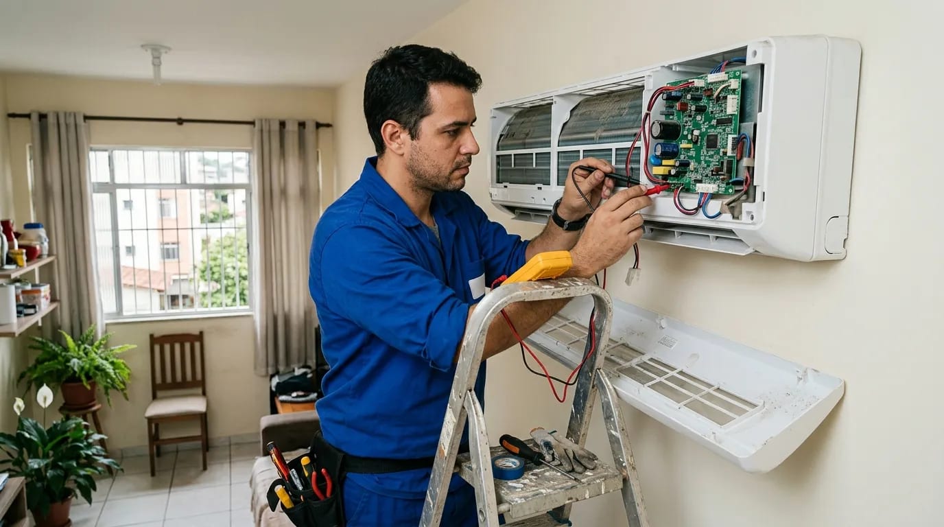 Eletricista ligando a placa do ar-condicionado split em Bauru‑SP
